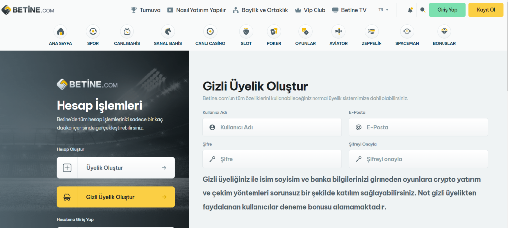 Betine giriş ve kayıt